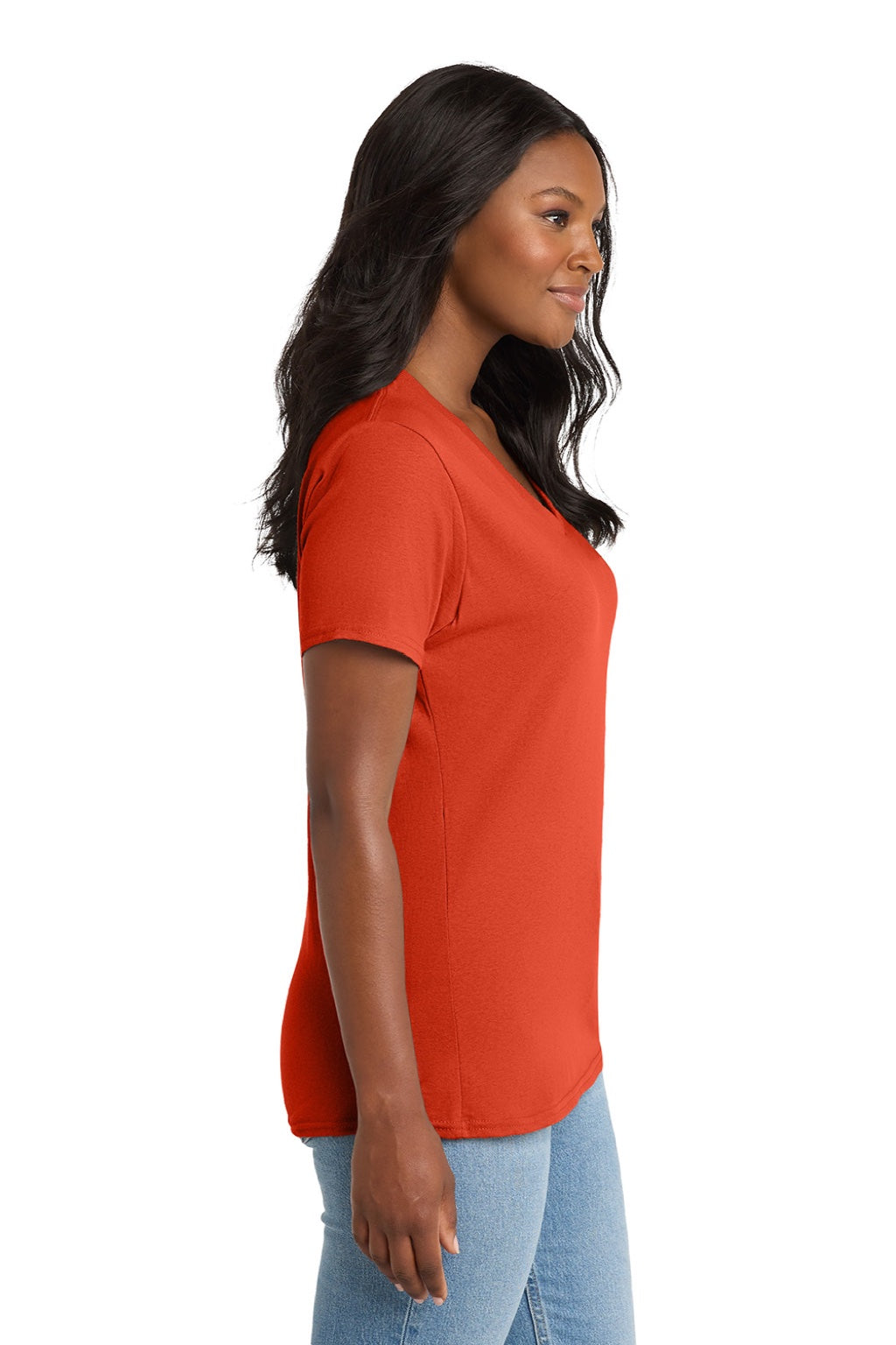 Port & Company LPC54V Womens Core Short Sleeve V-Neck T-Shirt Orange Model Side