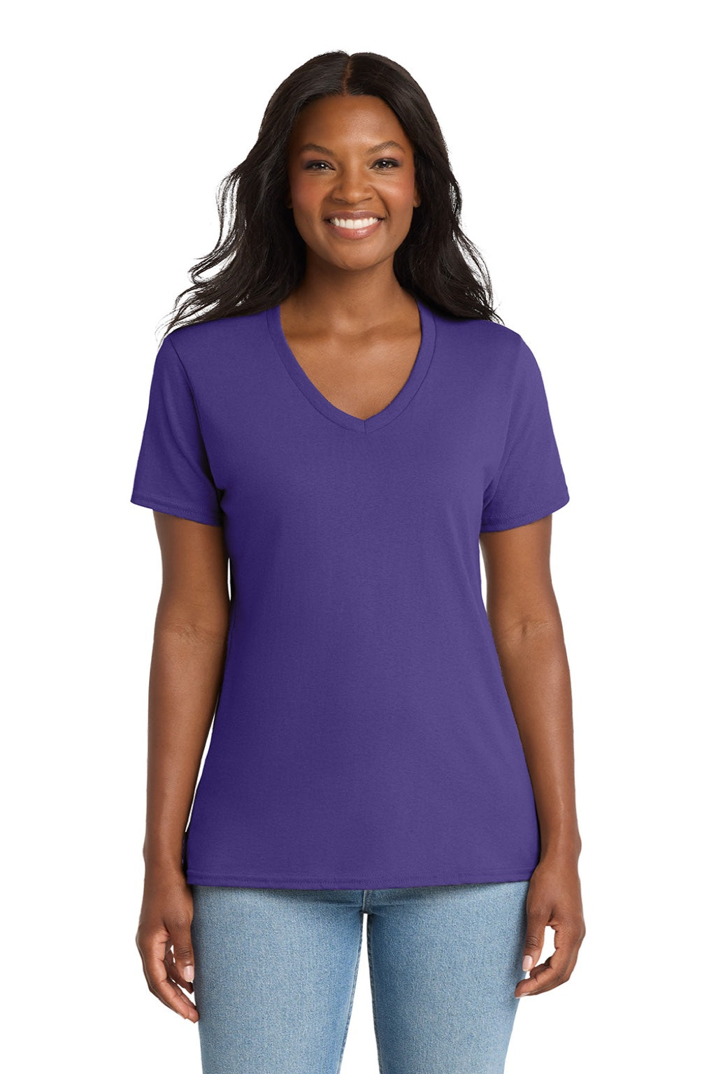 Port & Company LPC54V Womens Core Short Sleeve V-Neck T-Shirt Purple Model Front