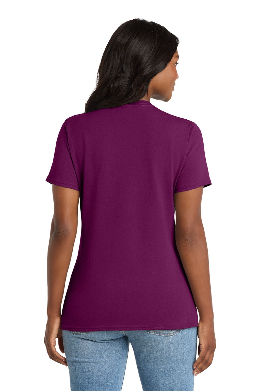 Port & Company LPC54V Womens Core Short Sleeve V-Neck T-Shirt Raspberry Purple Model Back