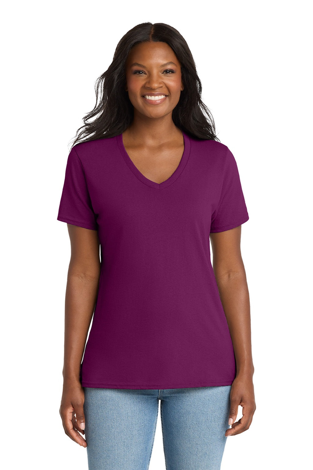 Port & Company LPC54V Womens Core Short Sleeve V-Neck T-Shirt Raspberry Purple Model Front