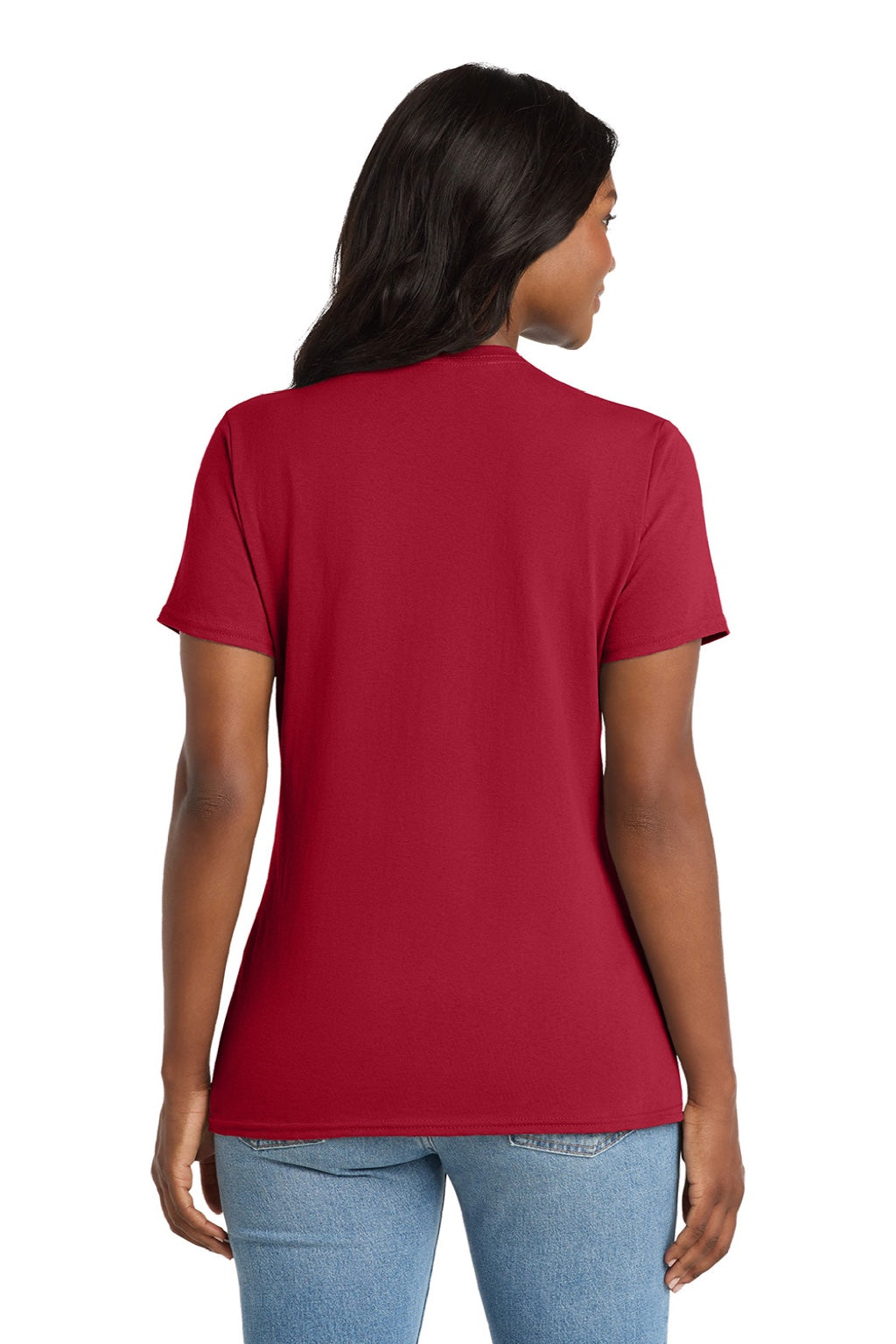 Port & Company LPC54V Womens Core Short Sleeve V-Neck T-Shirt Red Model Back