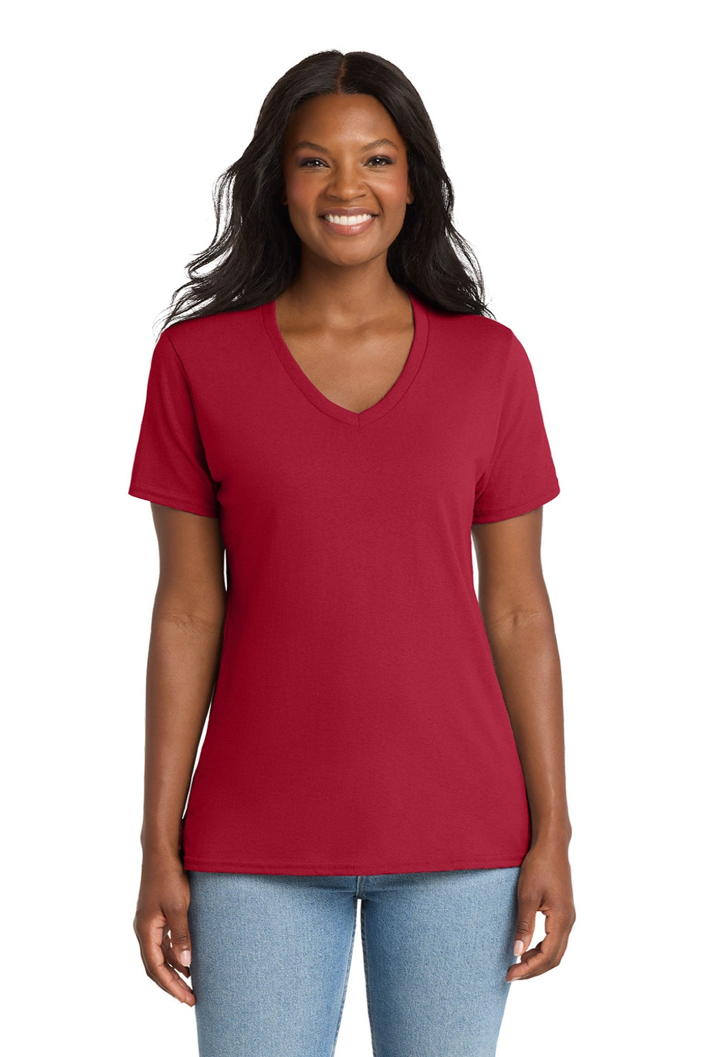 Port & Company LPC54V Womens Core Short Sleeve V-Neck T-Shirt Red Model Front