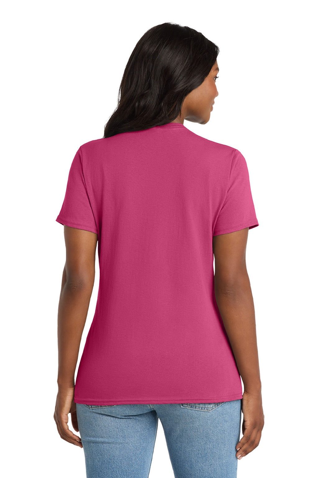 Port & Company LPC54V Womens Core Short Sleeve V-Neck T-Shirt Sangria Pink Model Back