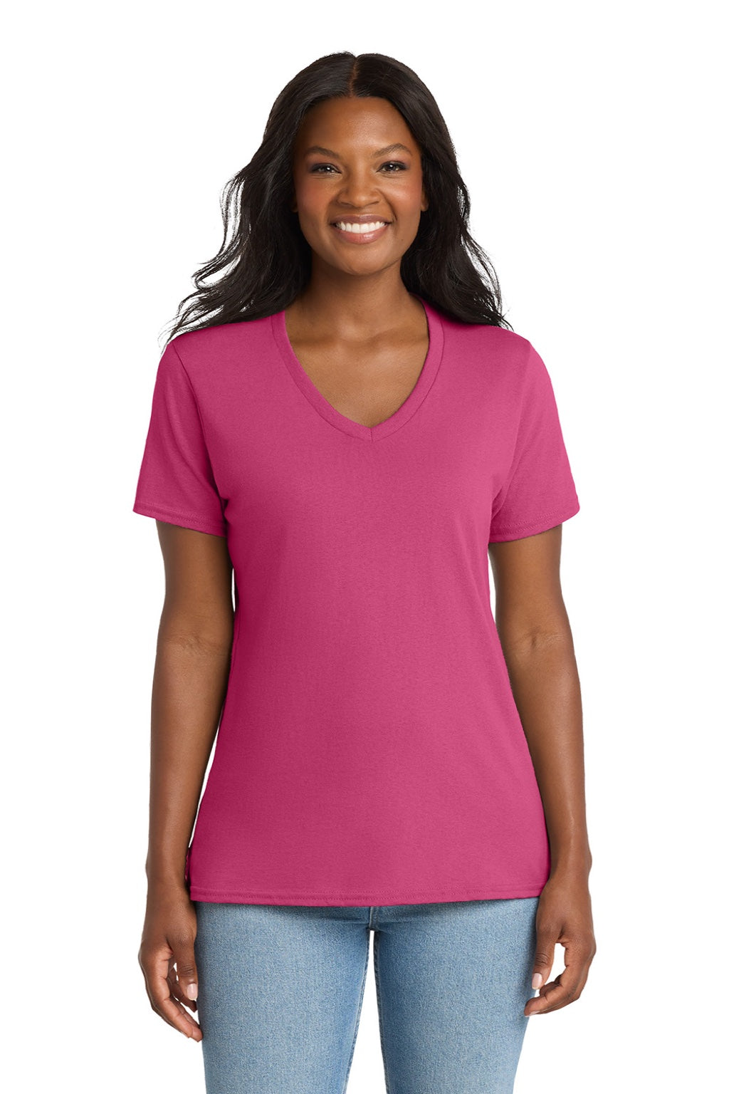 Port & Company LPC54V Womens Core Short Sleeve V-Neck T-Shirt Sangria Pink Model Front