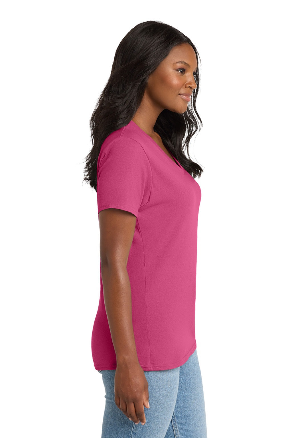 Port & Company LPC54V Womens Core Short Sleeve V-Neck T-Shirt Sangria Pink Model Side
