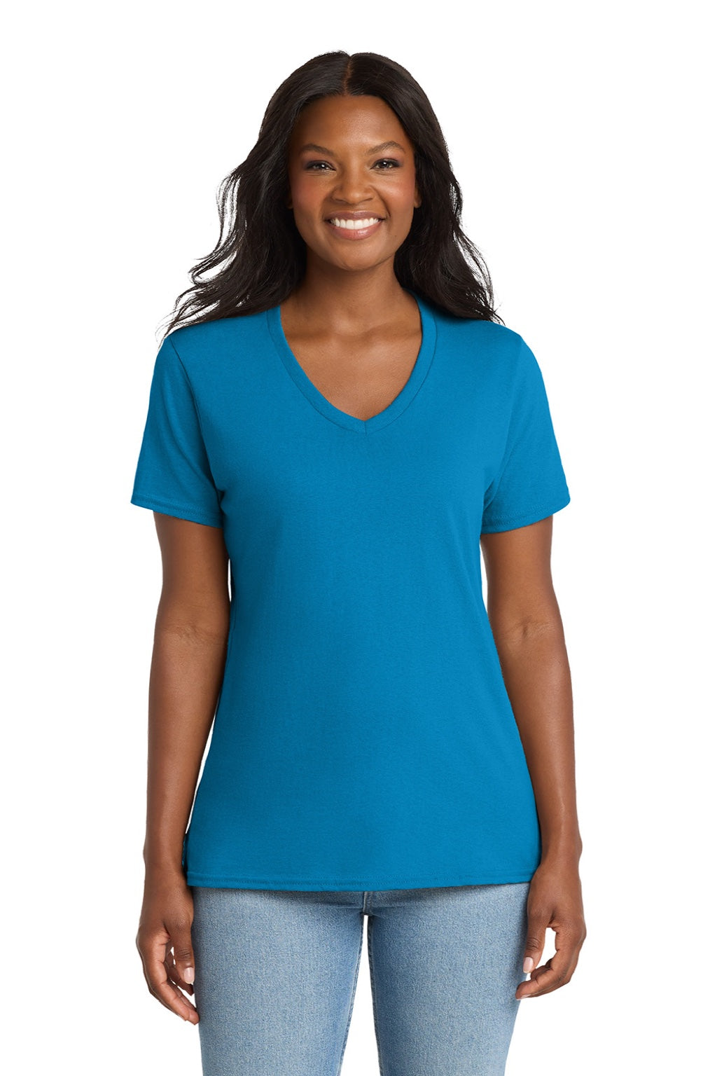 Port & Company LPC54V Womens Core Short Sleeve V-Neck T-Shirt Sapphire Blue Model Front