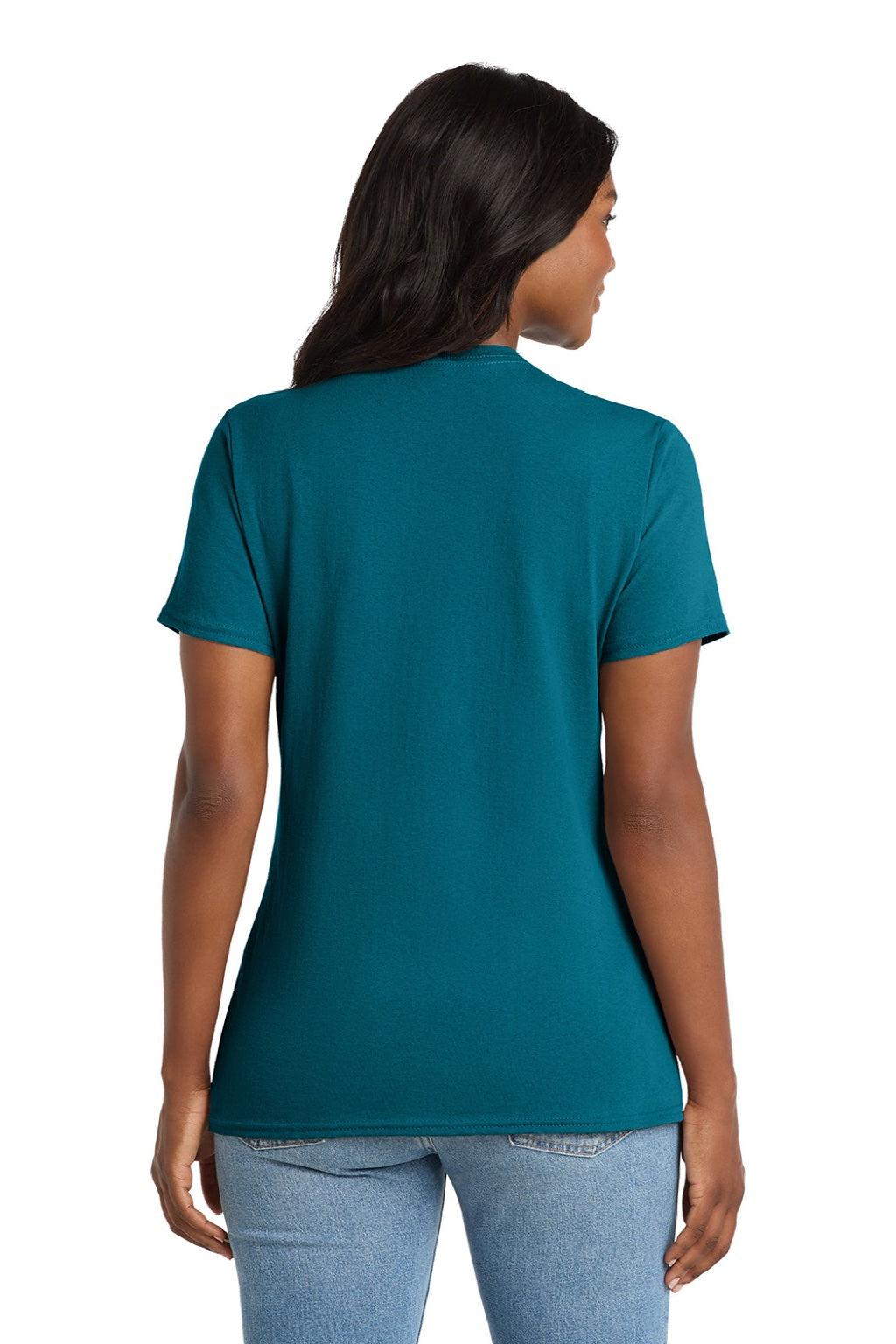 Port & Company LPC54V Womens Core Short Sleeve V-Neck T-Shirt Teal Blue Model Back