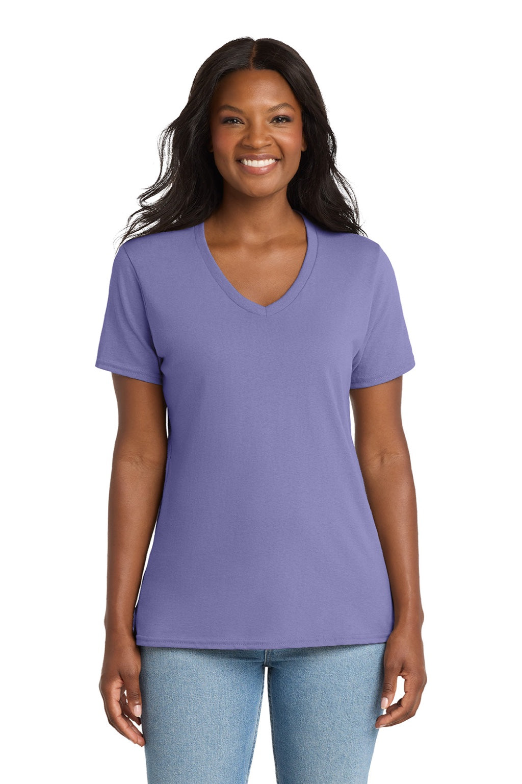 Port & Company LPC54V Womens Core Short Sleeve V-Neck T-Shirt Violet Purple Model Front