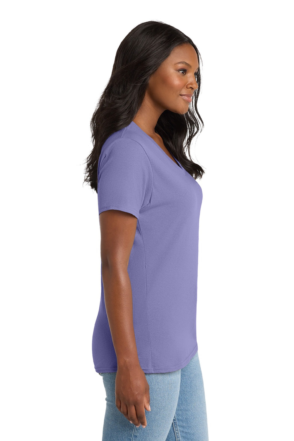 Port & Company LPC54V Womens Core Short Sleeve V-Neck T-Shirt Violet Purple Model Side