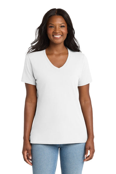 Port & Company LPC54V Womens Core Short Sleeve V-Neck T-Shirt White Model Front