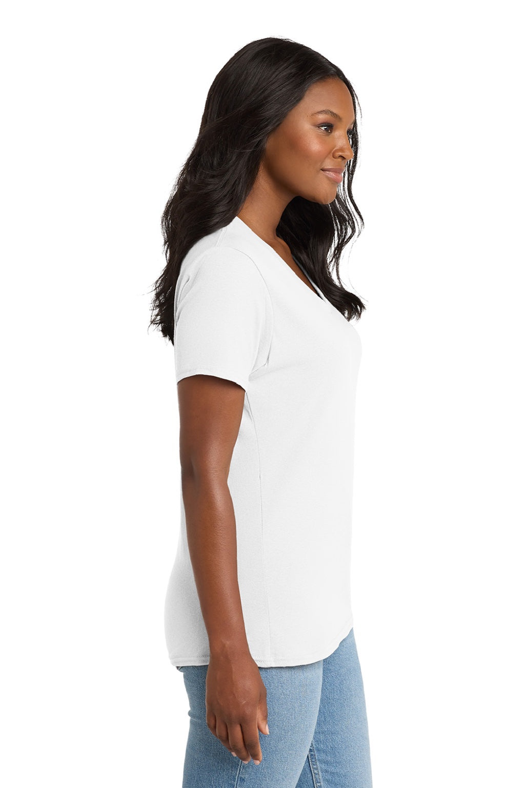 Port & Company LPC54V Womens Core Short Sleeve V-Neck T-Shirt White Model Side