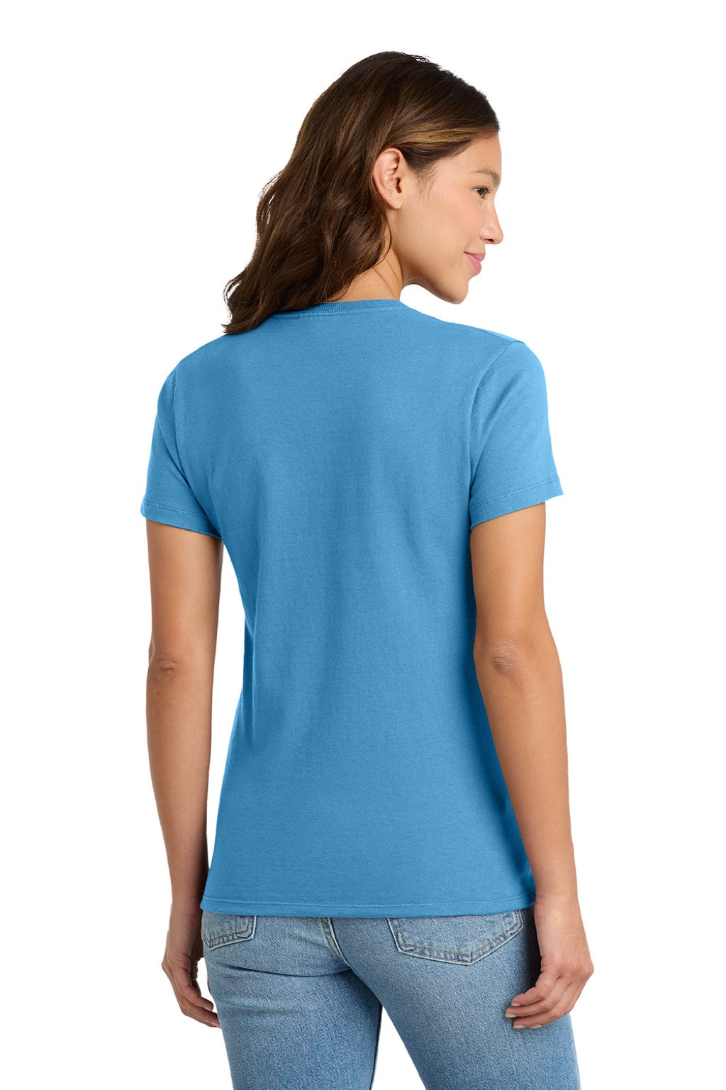 Port & Company LPC61 Womens Essential Short Sleeve Crewneck T-Shirt Aquatic Blue Model Back