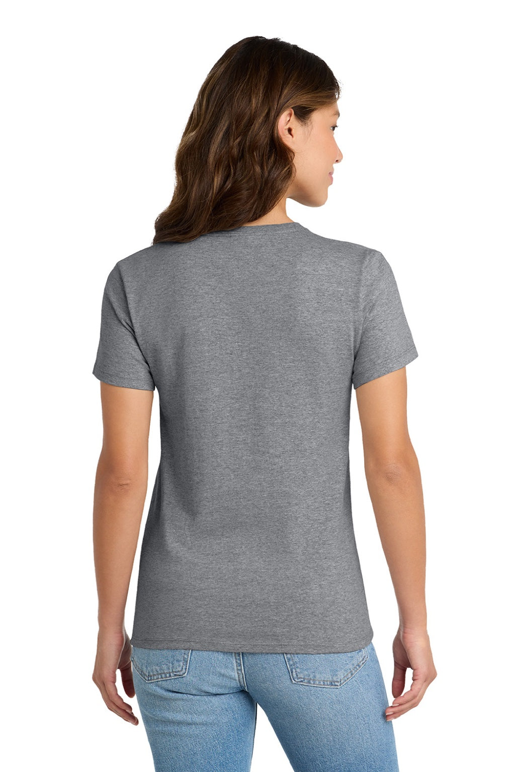 Port & Company LPC61 Womens Essential Short Sleeve Crewneck T-Shirt Heather Grey Model Back