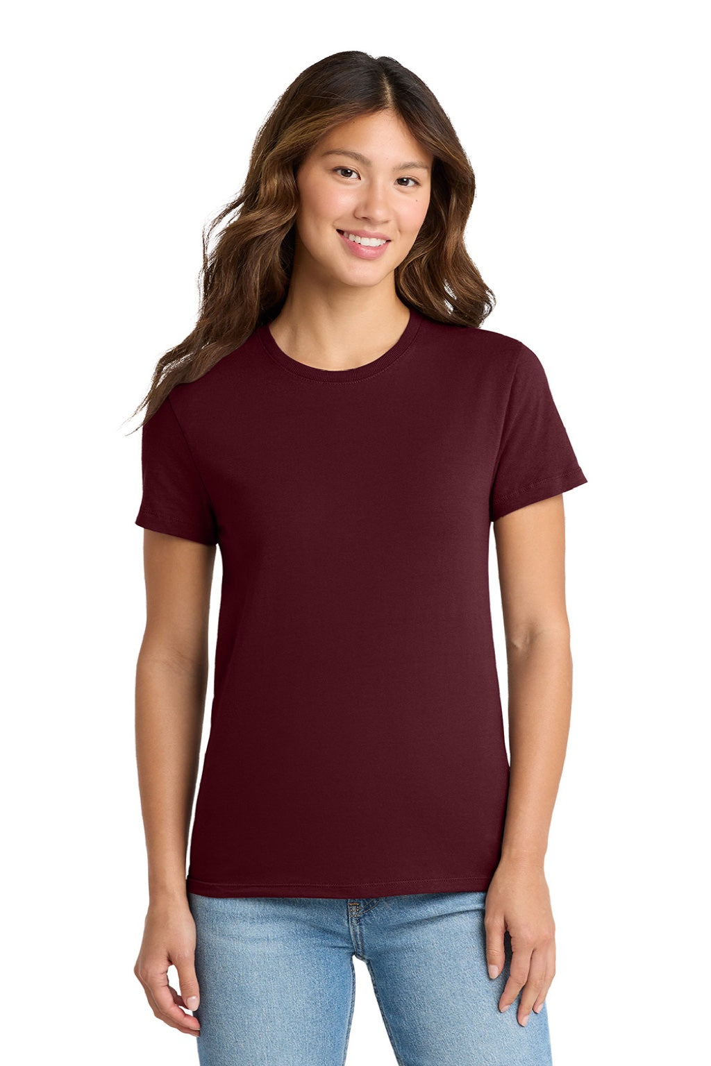 Port & Company LPC61 Womens Essential Short Sleeve Crewneck T-Shirt Athletic Maroon Model Front