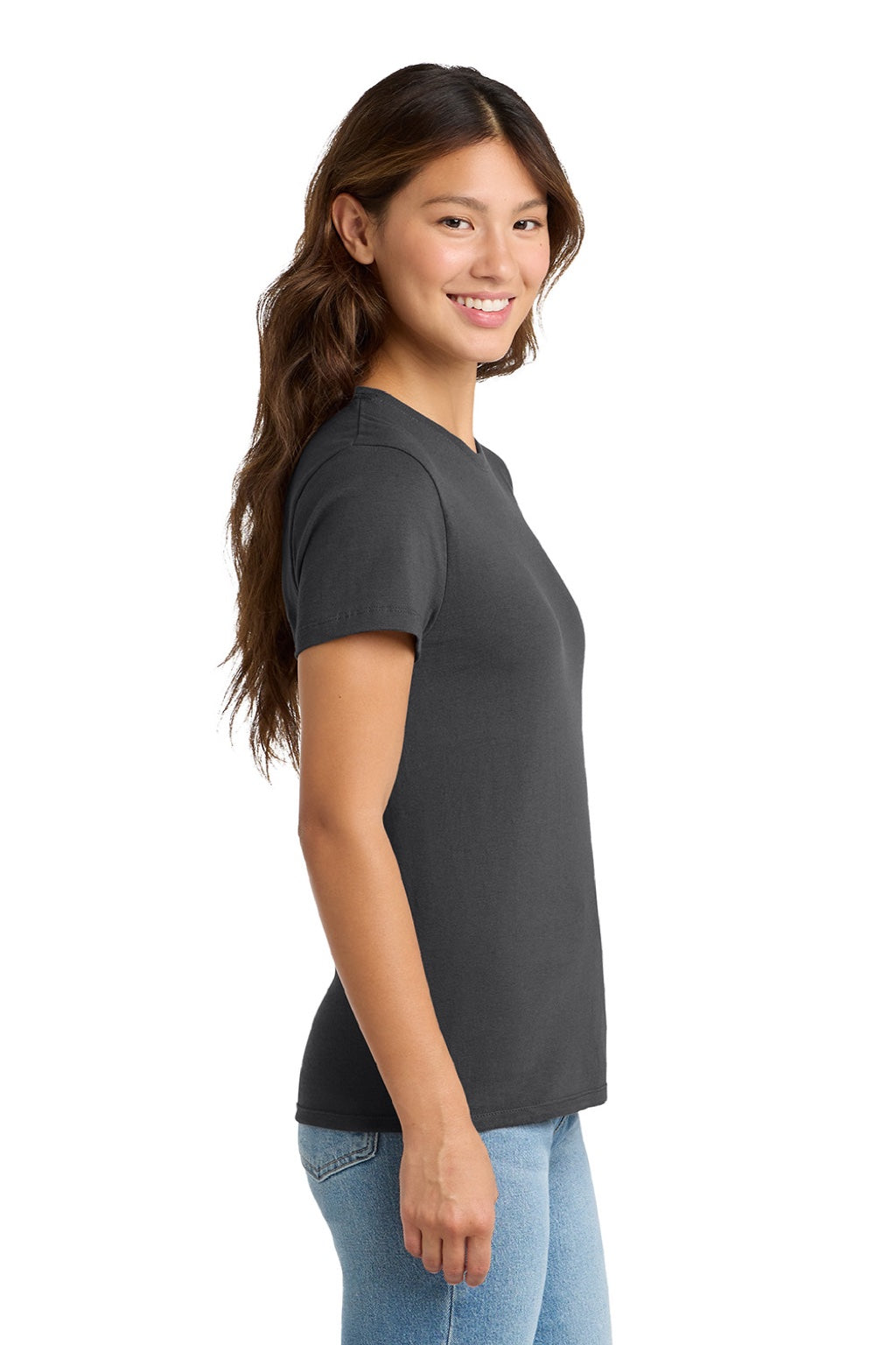 Port & Company LPC61 Womens Essential Short Sleeve Crewneck T-Shirt Charcoal Grey Model Side