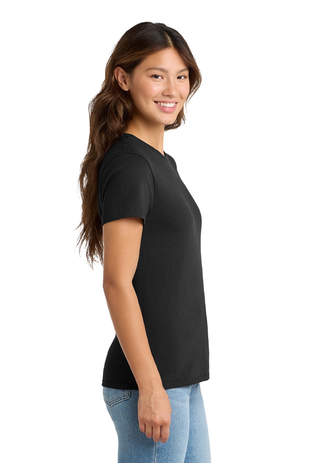 Port & Company LPC61 Womens Essential Short Sleeve Crewneck T-Shirt Jet Black Model Side