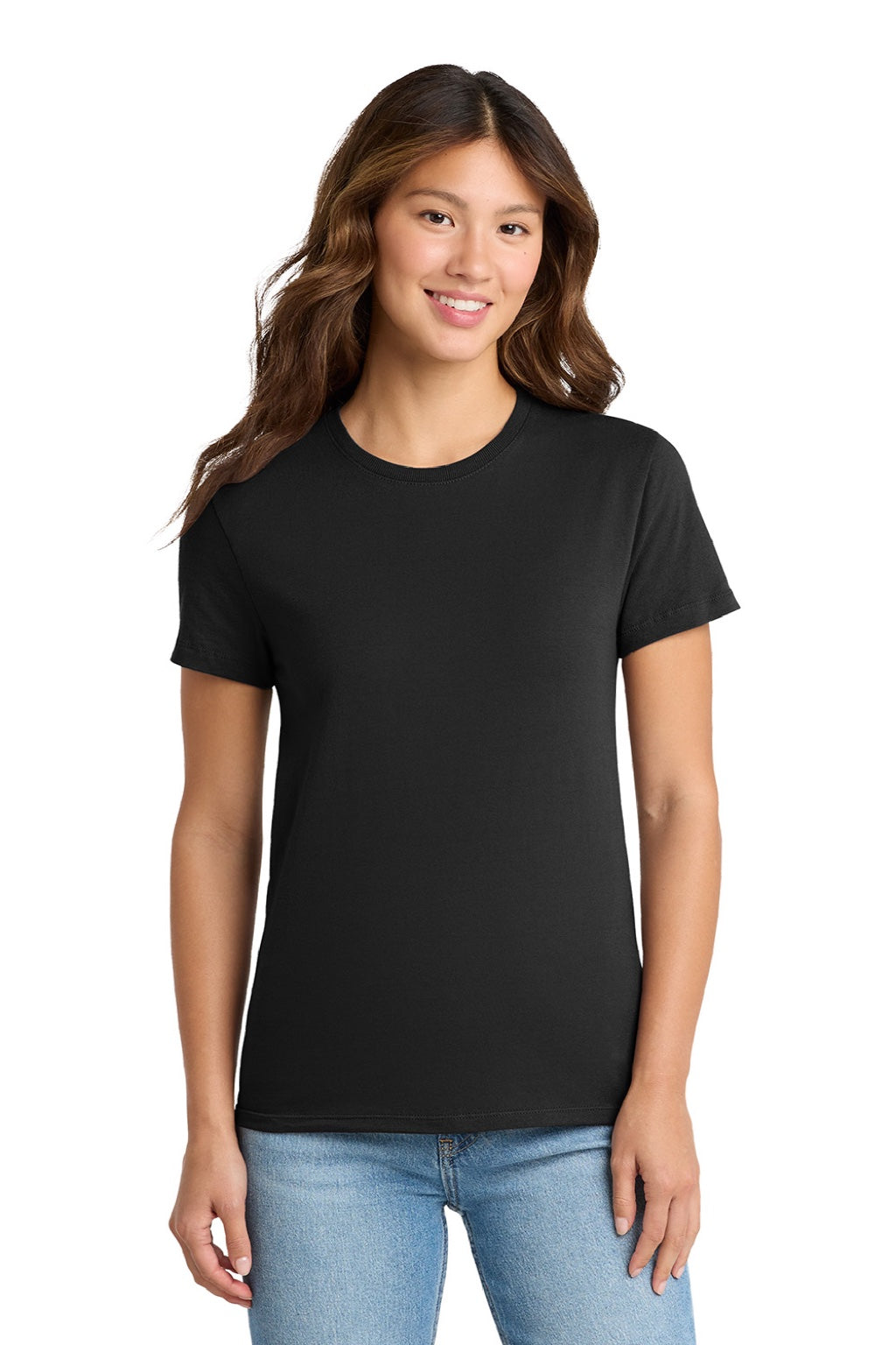 Port & Company LPC61 Womens Essential Short Sleeve Crewneck T-Shirt Jet Black Model Front