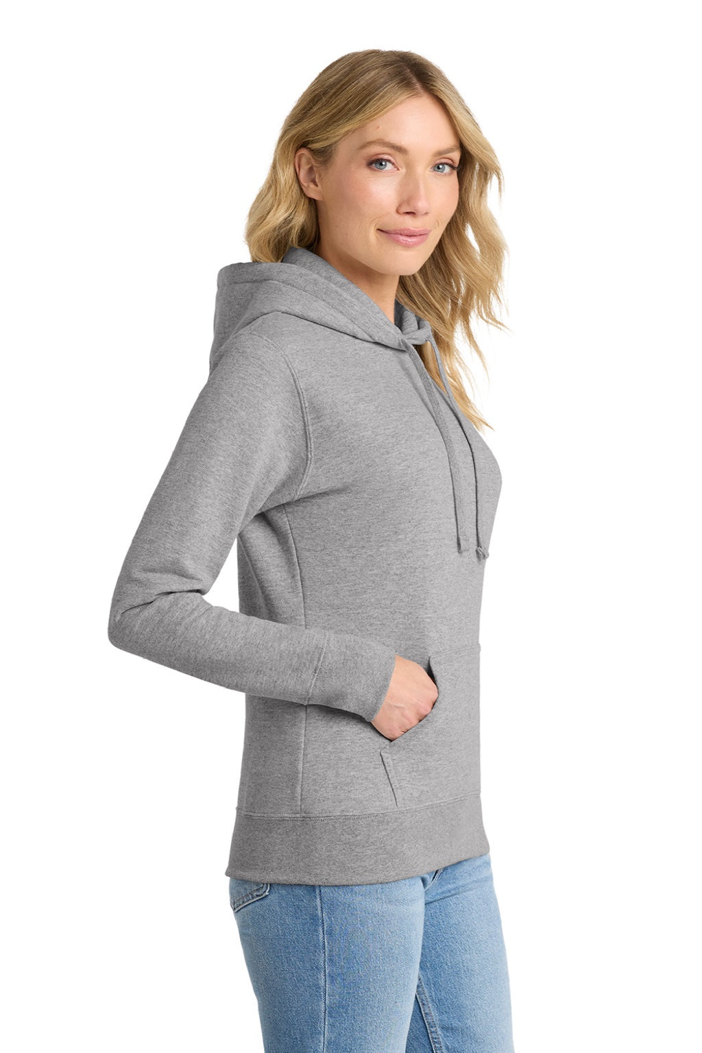 Port & Company LPC78H Womens Core Fleece Hooded Sweatshirt Hoodie w/ Pouch Pocket Heather Grey Model Side