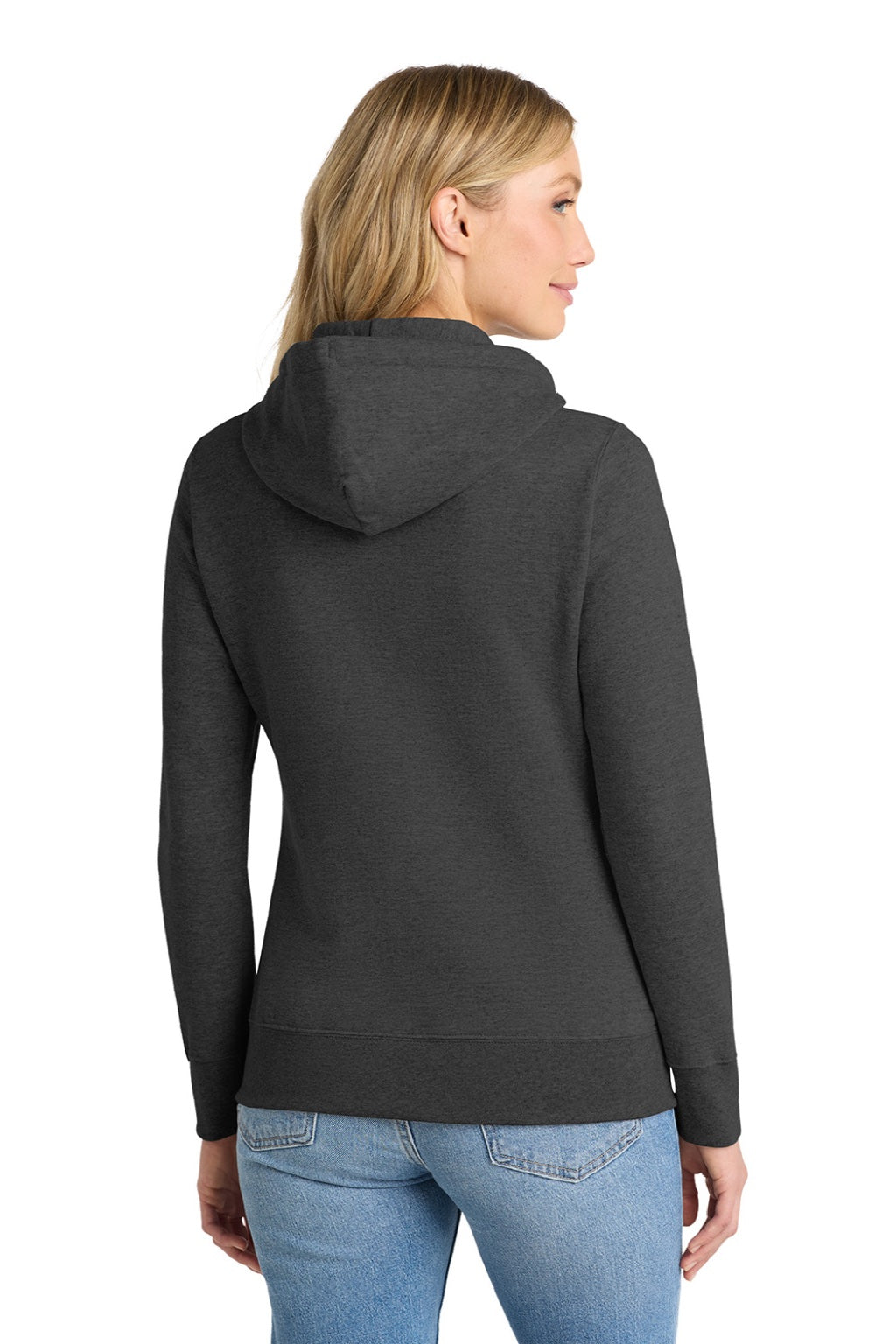 Port & Company LPC78H Womens Core Fleece Hooded Sweatshirt Hoodie w/ Pouch Pocket Heather Dark Grey Model Back
