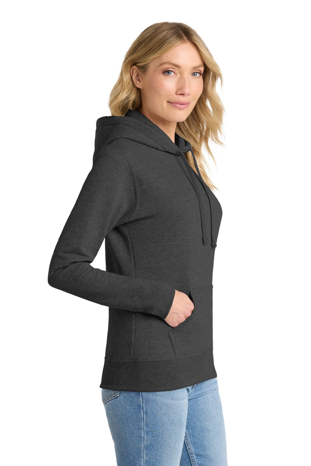 Port & Company LPC78H Womens Core Fleece Hooded Sweatshirt Hoodie w/ Pouch Pocket Heather Dark Grey Model Side