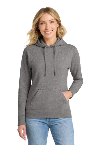 Port & Company LPC78H Womens Core Fleece Hooded Sweatshirt Hoodie w/ Pouch Pocket Heather Graphite Grey Model Front