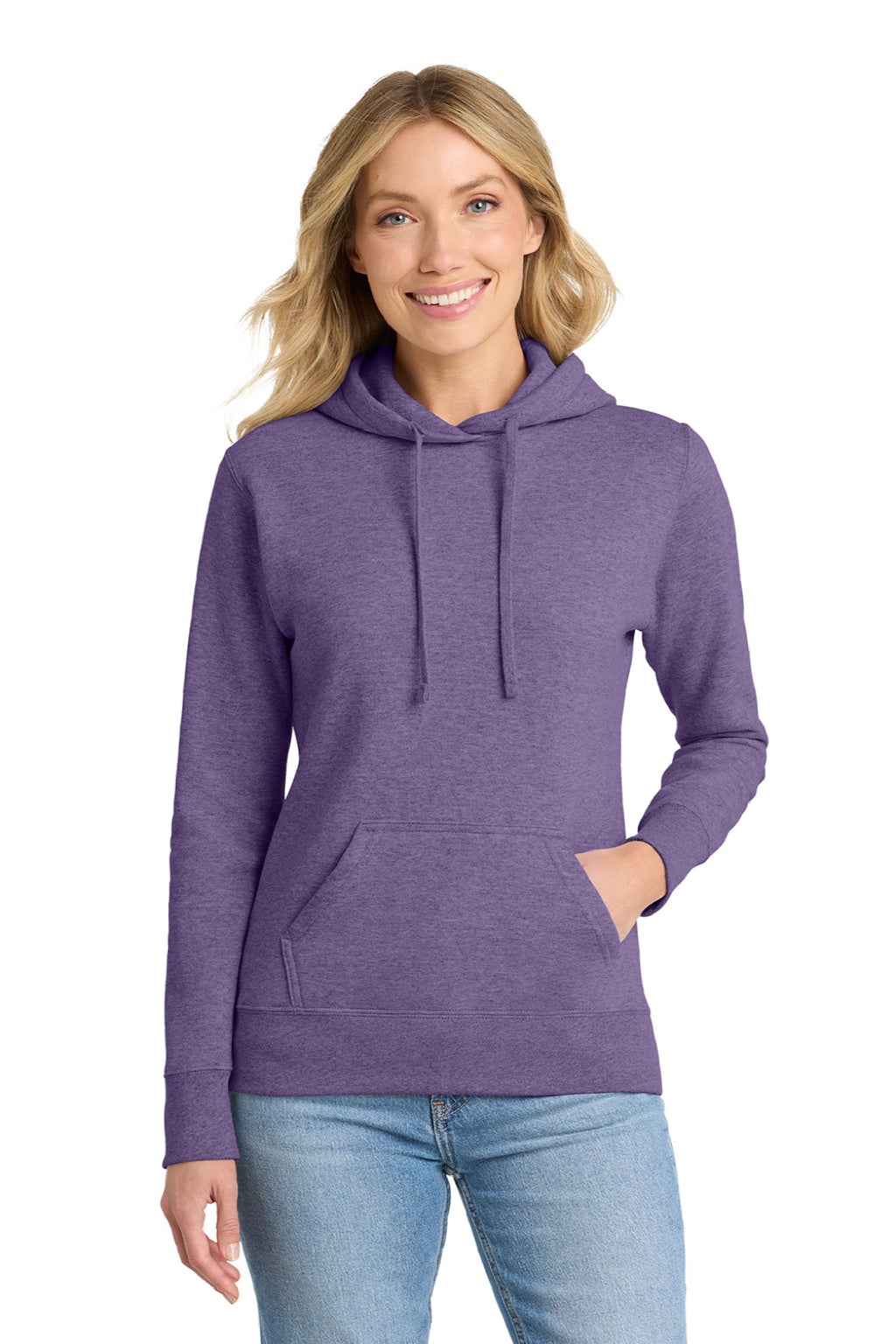 Port & Company LPC78H Womens Core Fleece Hooded Sweatshirt Hoodie w/ Pouch Pocket Heather Purple Model Front