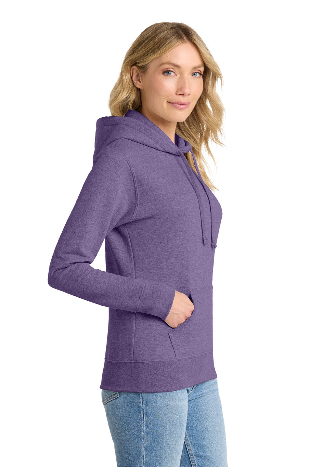 Port & Company LPC78H Womens Core Fleece Hooded Sweatshirt Hoodie w/ Pouch Pocket Heather Purple Model Side