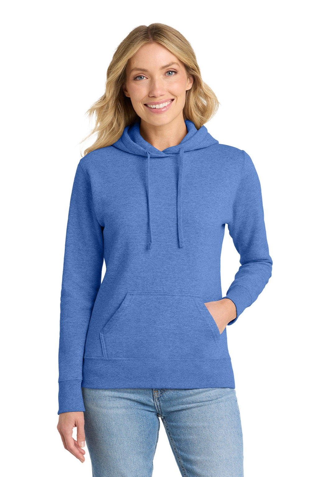 Port & Company LPC78H Womens Core Fleece Hooded Sweatshirt Hoodie w/ Pouch Pocket Heather Royal Blue Model Front
