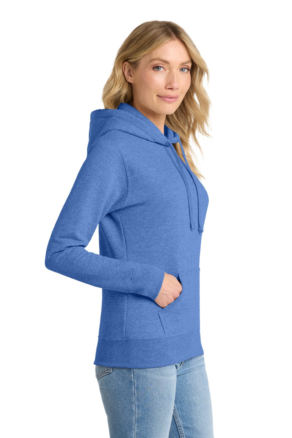 Port & Company LPC78H Womens Core Fleece Hooded Sweatshirt Hoodie w/ Pouch Pocket Heather Royal Blue Model Side