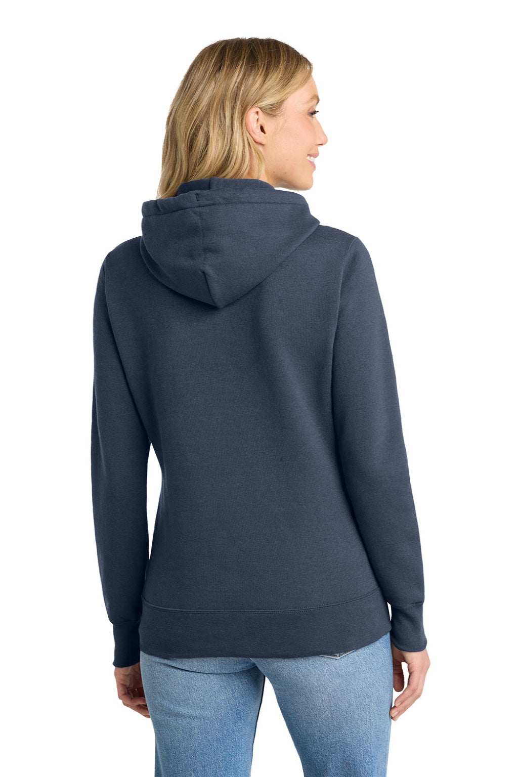 Port & Company LPC78H Womens Core Fleece Hooded Sweatshirt Hoodie w/ Pouch Pocket Navy Blue Model Back