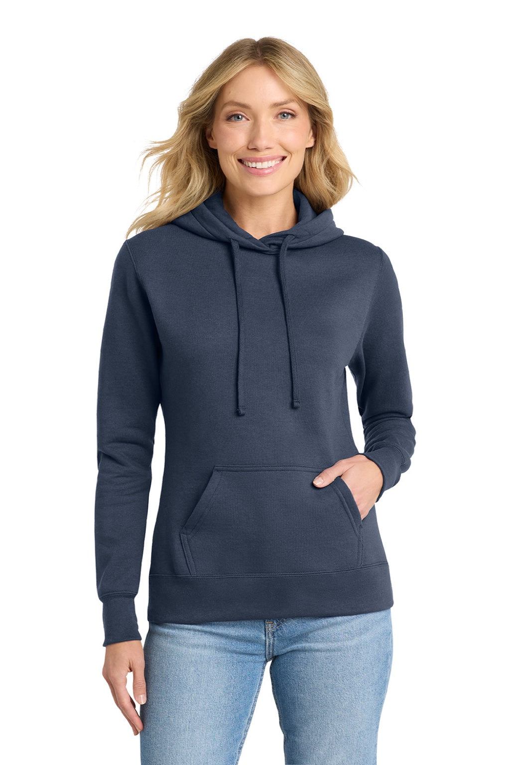 Port & Company LPC78H Womens Core Fleece Hooded Sweatshirt Hoodie w/ Pouch Pocket Navy Blue Model Front