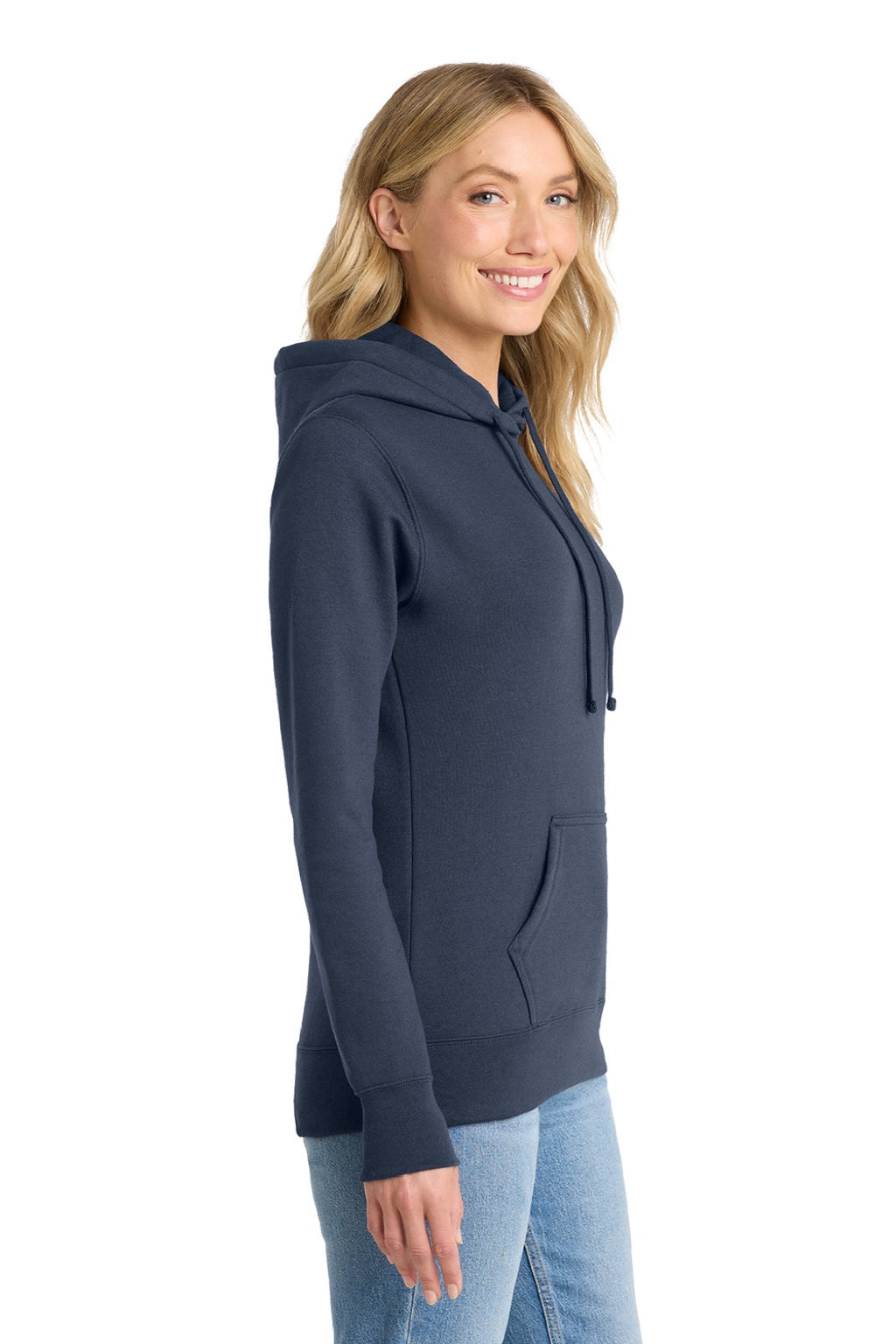 Port & Company LPC78H Womens Core Fleece Hooded Sweatshirt Hoodie w/ Pouch Pocket Navy Blue Model Side