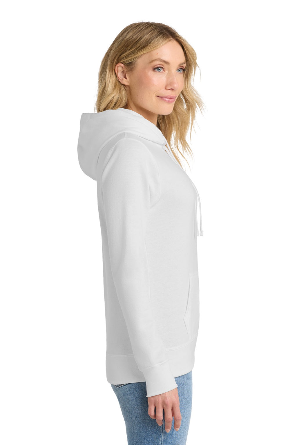 Port & Company LPC78H Womens Core Fleece Hooded Sweatshirt Hoodie w/ Pouch Pocket White Model Side