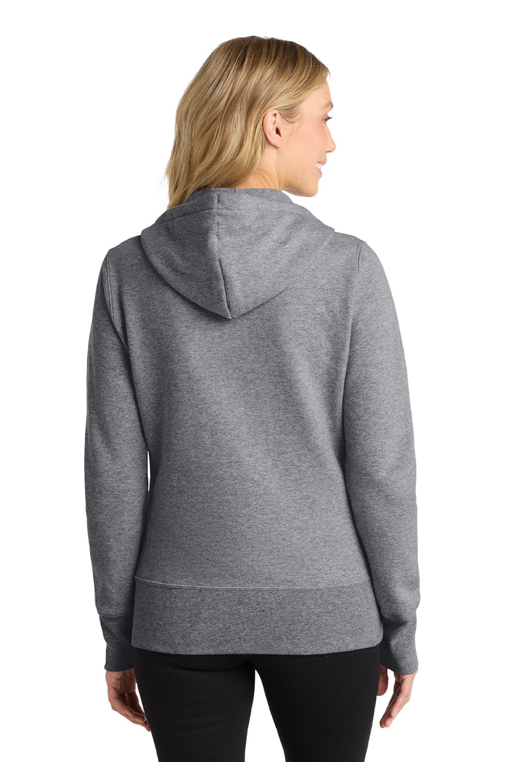 Port & Company LPC78ZH Womens Core Pill Resistant Fleece Full Zip Hooded Sweatshirt Hoodie w/ Pockets Heather Grey Model Back