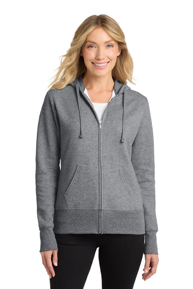 Port & Company LPC78ZH Womens Core Pill Resistant Fleece Full Zip Hooded Sweatshirt Hoodie w/ Pockets Heather Grey Model Front