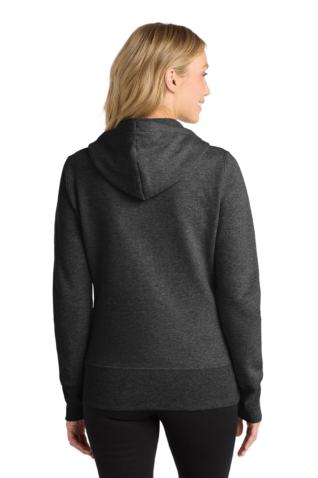 Port & Company LPC78ZH Womens Core Pill Resistant Fleece Full Zip Hooded Sweatshirt Hoodie w/ Pockets Heather Dark Grey Model Back