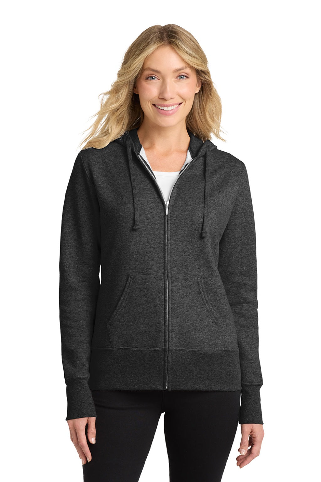 Port & Company LPC78ZH Womens Core Pill Resistant Fleece Full Zip Hooded Sweatshirt Hoodie w/ Pockets Heather Dark Grey Model Front