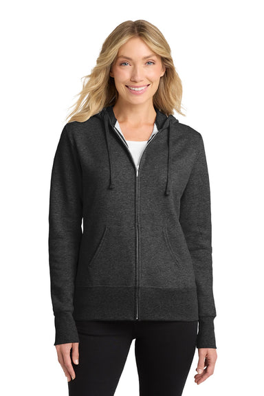 Port & Company LPC78ZH Womens Core Pill Resistant Fleece Full Zip Hooded Sweatshirt Hoodie w/ Pockets Heather Dark Grey Model Front