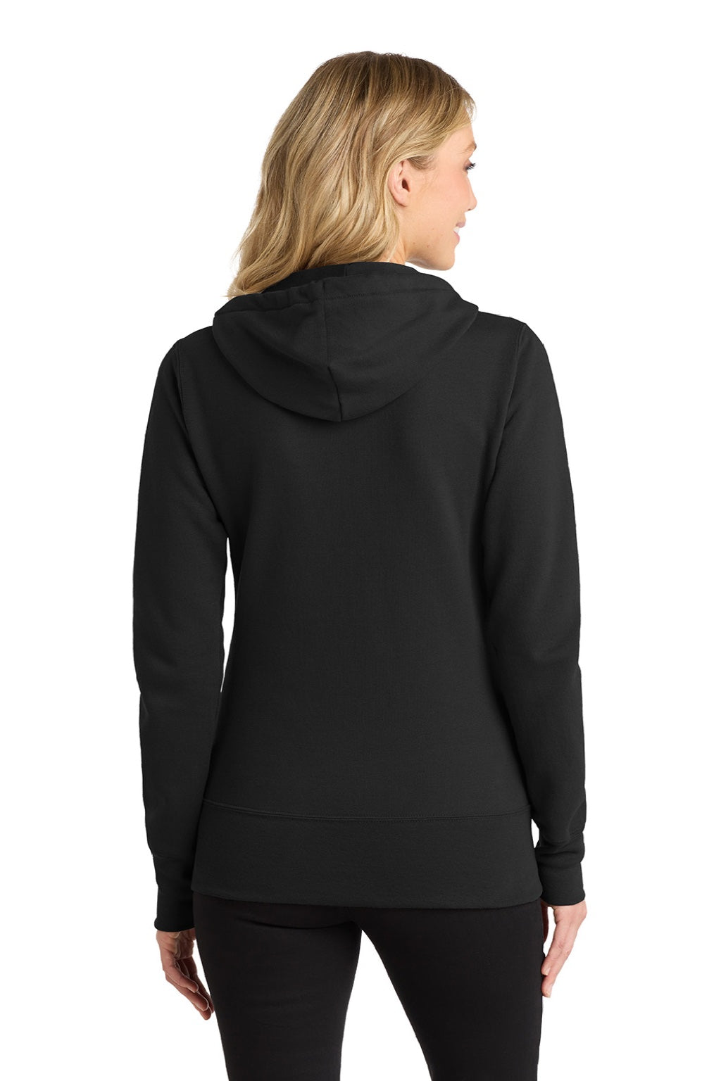 Port & Company LPC78ZH Womens Core Pill Resistant Fleece Full Zip Hooded Sweatshirt Hoodie w/ Pockets Jet Black Model Back