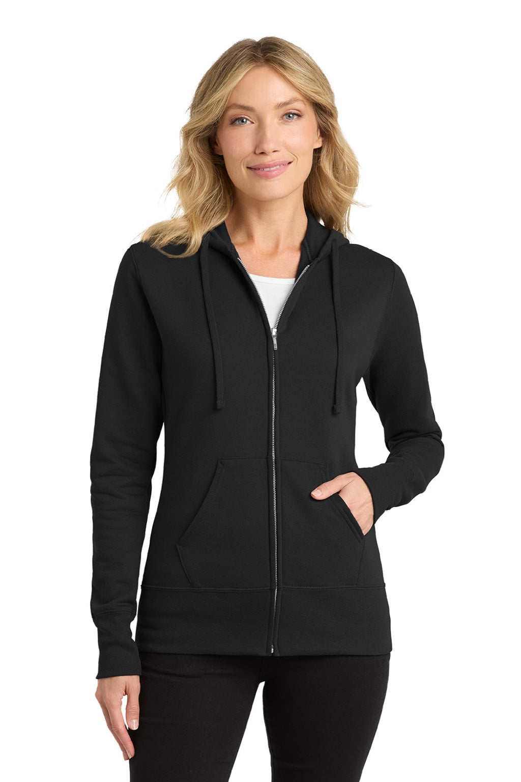 Port & Company LPC78ZH Womens Core Pill Resistant Fleece Full Zip Hooded Sweatshirt Hoodie w/ Pockets Jet Black Model Front