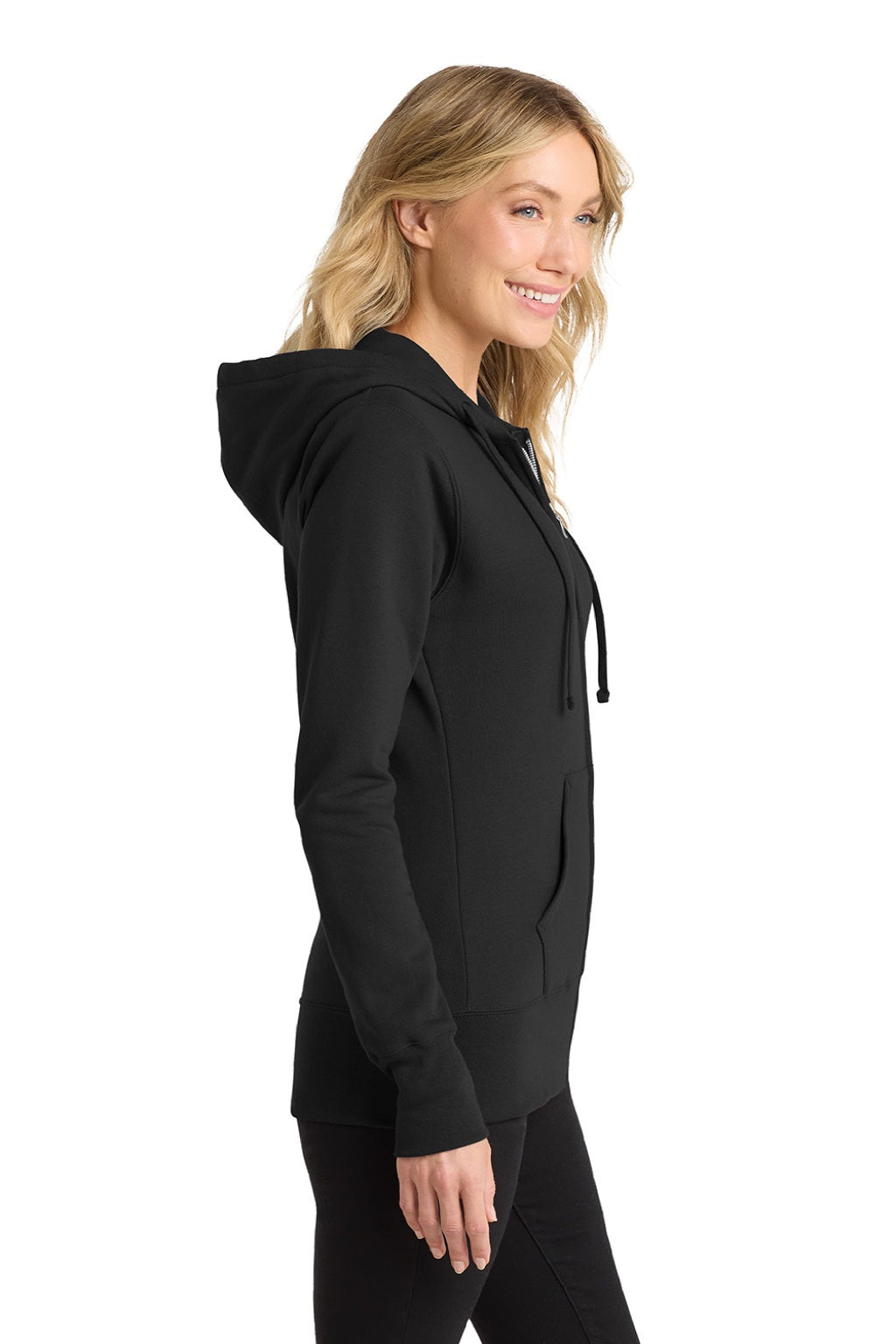 Port & Company LPC78ZH Womens Core Pill Resistant Fleece Full Zip Hooded Sweatshirt Hoodie w/ Pockets Jet Black Model Side