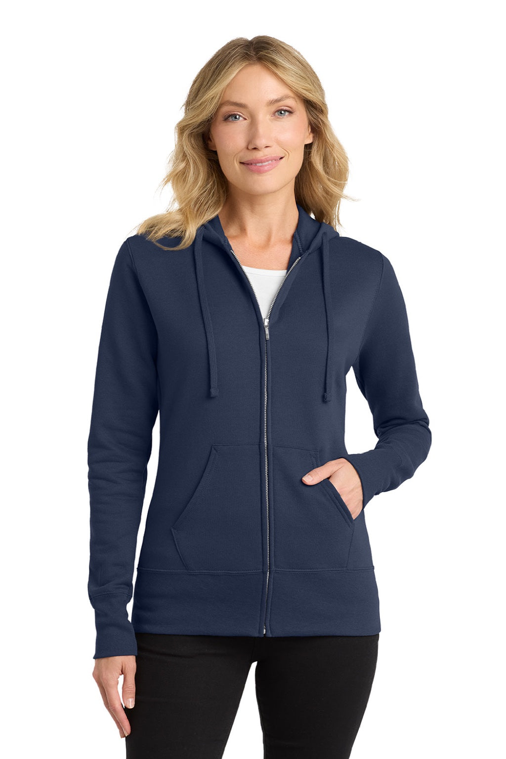 Port & Company LPC78ZH Womens Core Pill Resistant Fleece Full Zip Hooded Sweatshirt Hoodie w/ Pockets Navy Blue Model Front