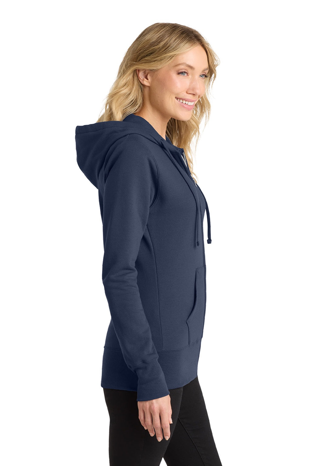 Port & Company LPC78ZH Womens Core Pill Resistant Fleece Full Zip Hooded Sweatshirt Hoodie w/ Pockets Navy Blue Model Side