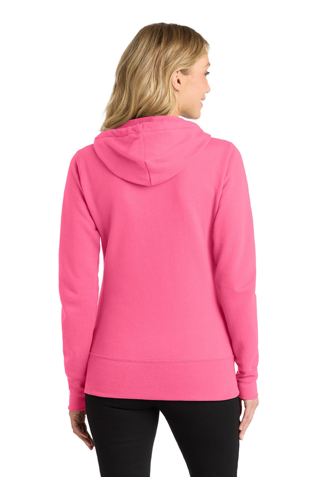 Port & Company LPC78ZH Womens Core Pill Resistant Fleece Full Zip Hooded Sweatshirt Hoodie w/ Pockets Neon Pink Model Back