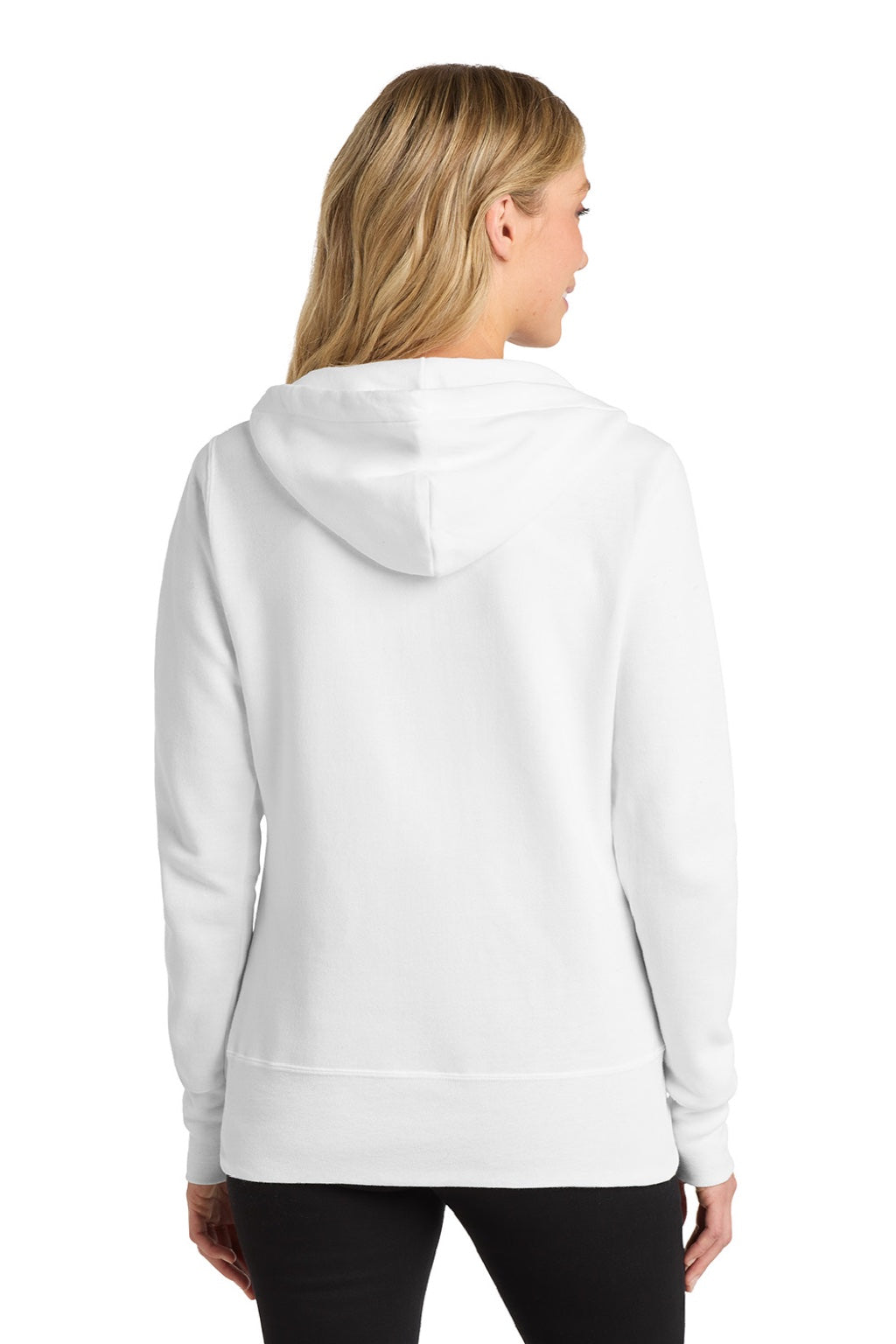 Port & Company LPC78ZH Womens Core Pill Resistant Fleece Full Zip Hooded Sweatshirt Hoodie w/ Pockets White Model Back