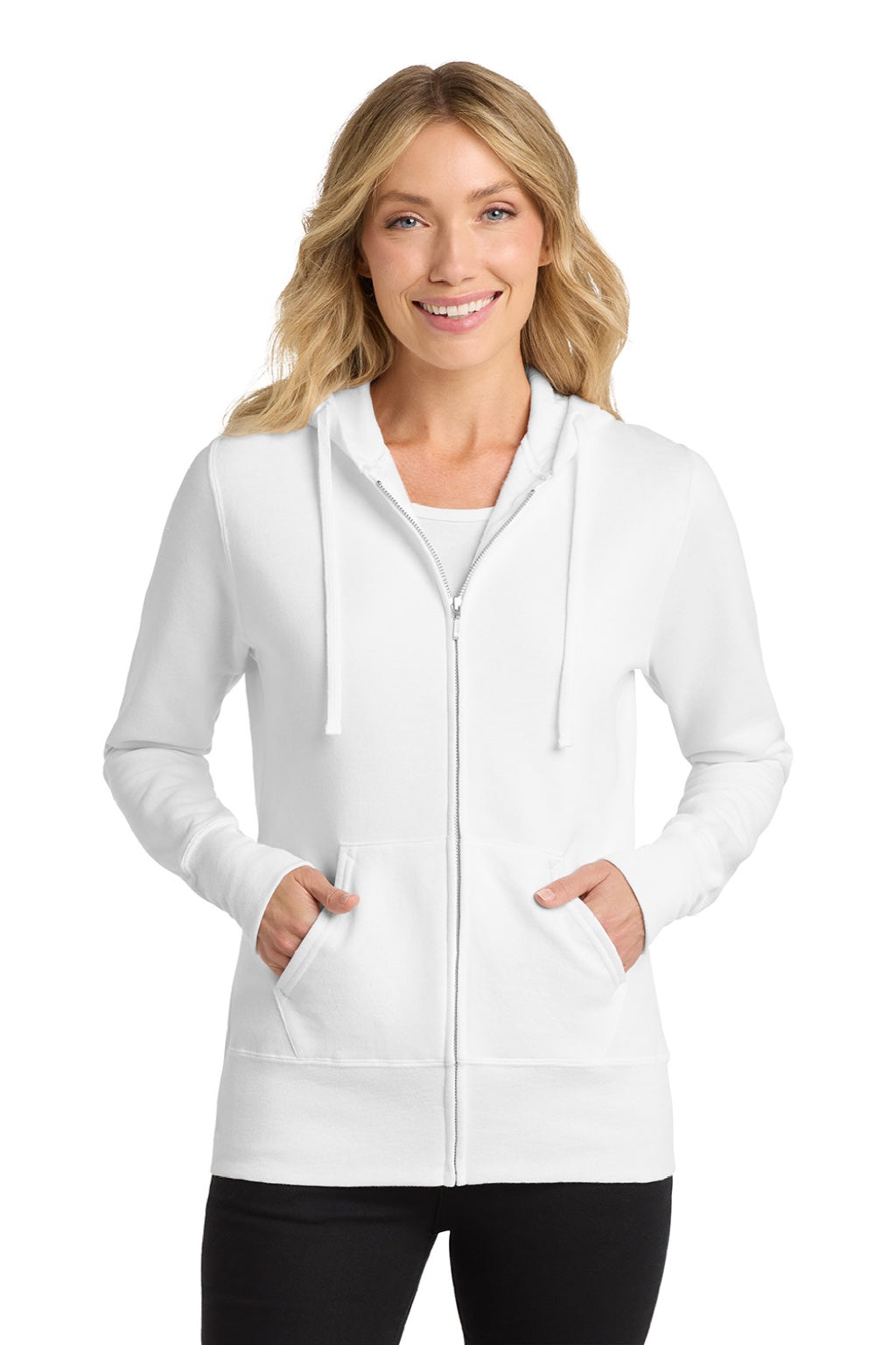 Port & Company LPC78ZH Womens Core Pill Resistant Fleece Full Zip Hooded Sweatshirt Hoodie w/ Pockets White Model Front
