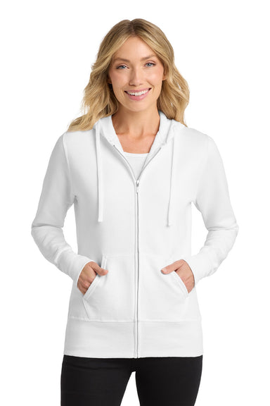Port & Company LPC78ZH Womens Core Pill Resistant Fleece Full Zip Hooded Sweatshirt Hoodie w/ Pockets White Model Front