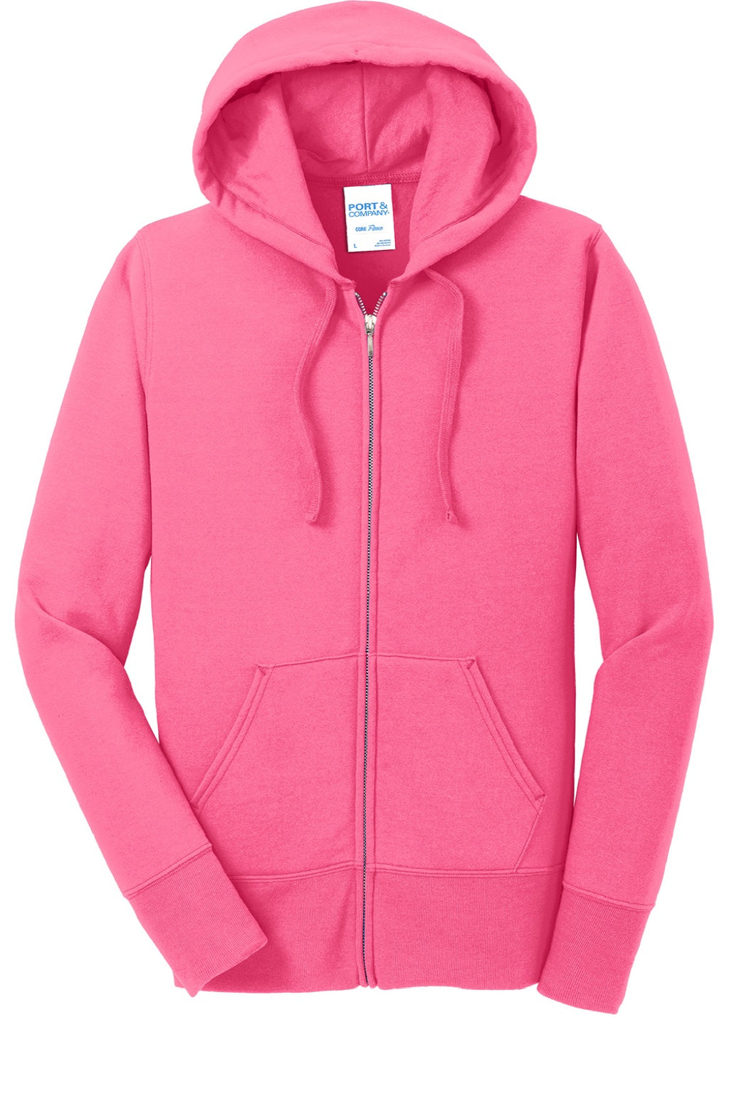 Port & Company LPC78ZH Womens Core Pill Resistant Fleece Full Zip Hooded Sweatshirt Hoodie w/ Pockets Neon Pink Flat Front