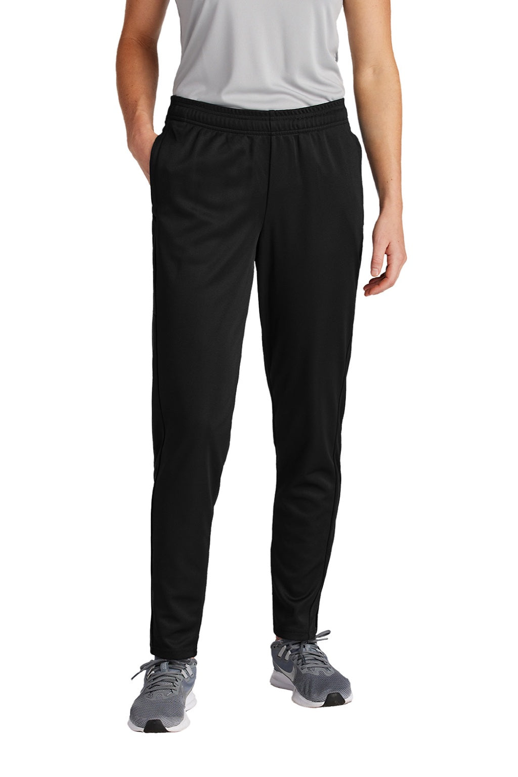 Sport-Tek LPST800 Womens Moisture Wicking Travel Pants w/ Pockets Black Model Front