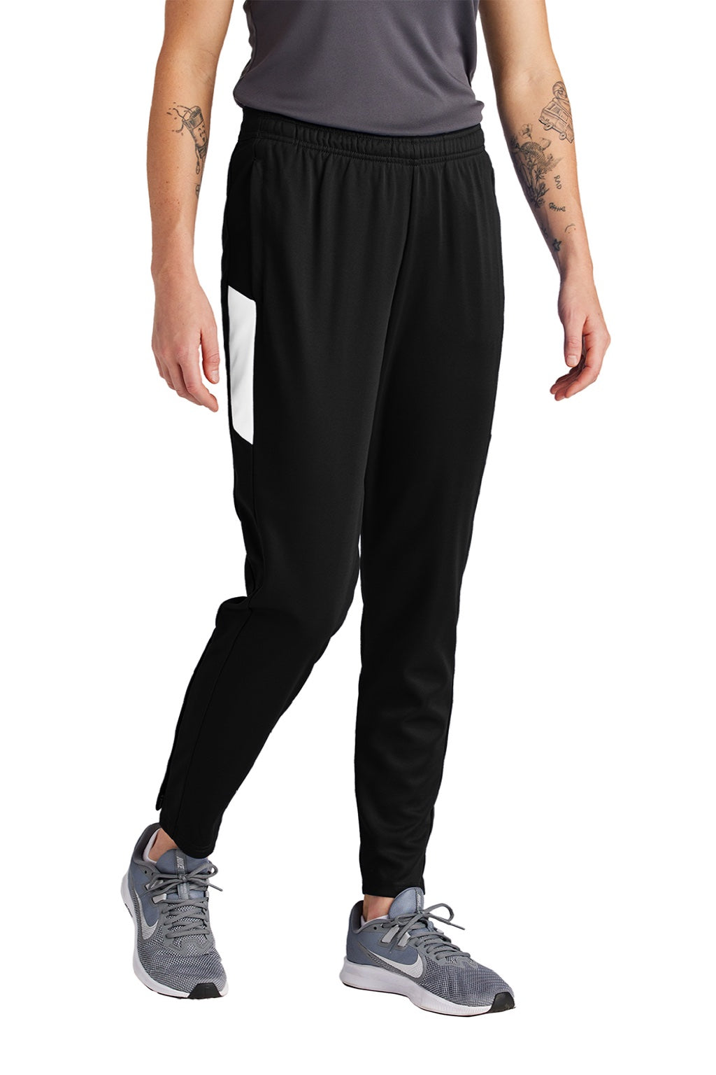 Sport-Tek LPST800 Womens Moisture Wicking Travel Pants w/ Pockets Black/White Model Front